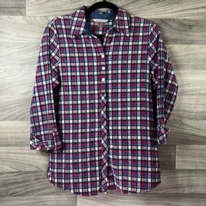 Allison Daley Button Front Shirt Womens 8 Multicolor Plaid‎ 3/4 Sleeve Stretch